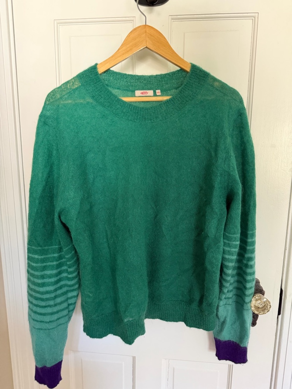 Oilily Green Mohair Sweater with Striped Sleeves and Purple Cuffs